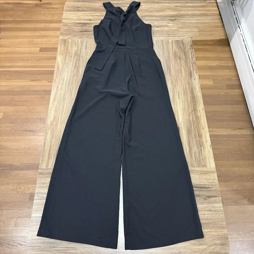 Loft Black Halter Neck Back Tie Wide Leg Flare Jumpsuit Women Size 0